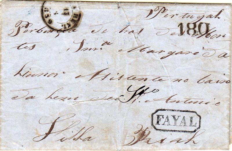 1851.jpg -     Lote:    1851                   Descrição:         Carimbos nominativos. Carta remetida do Rio de Janeiro (07.06.59) para Vila Real (13.08.59) pelo Paquete Transatlântico (28.06.59). Por erro foi remetida para o Faial e depois remetida para Vila real com trânsito pelo Porto (12.08.59). Carimbo batido a preto "FAYAL". Porteado com 180 reis.        Carta       Valor Base:     &euro; 50,00     Valor Venda:     &euro;      