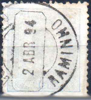 1854.jpg -     Lote:    1854                   Descrição:         Carimbos circulares datados, tipo 1880. 1892/93 &mdash; D. Carlos I tipo Diogo Neto. CE6, 50 reis azul claro. Obliterado com carimbo batido a preto de "RAMINHO". MB e MR.        O       Valor Base:     &euro; 20,00     Valor Venda:     &euro;      