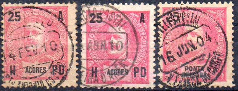 1856.jpg -     Lote:    1856                   Descrição:         Carimbos circulares datados, tipo 1880. Lote com 2 selos tipo D. Carlos Mouchon dos Açores CE100 + selo CE28 de Ponta Delgada, obliterados com carimbos batidos a preto de "S.TO ANTONIO DO PICO", "RIBEIRA D'ARÊA" e "VILA FRANCA DO CAMPO". MB.        O       Valor Base:     &euro; 12,00     Valor Venda:     &euro;      