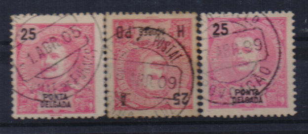 1859.jpg -     Lote:    1859                   Descrição:         Carimbos circulares datados, tipo 1880. Lote com três selos tipo D. Carlos I de 25 reis carmim, obliterados com carimbos batidos a preto de: VALLE DE FURNAS, FENAES DA LUZ e POVOAÇÃO".        O       Valor Base:     &euro; 12,00     Valor Venda:     &euro;      