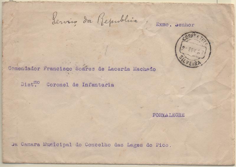 1862.jpg -     Lote:    1862                   Descrição:         Carimbos circulares datados, tipo 1880. Carta circulada isenta de porte de Silveira / Lages de Pico (02.02.27) para Portalegre (04.03.27). Carimbo batido a preto "SILVEIRA".        Carta       Valor Base:     &euro;      Valor Venda:     &euro;      