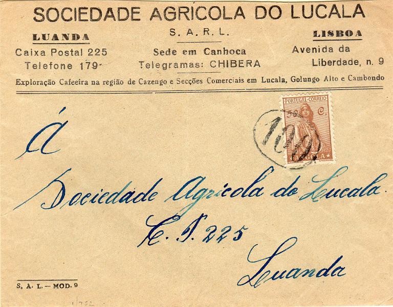 1865.jpg -     Lote:    1865                   Descrição:         Carimbos numéricos volantes de recurso. 1932 &mdash; Ceres. Novo tipo. Sobrescrito circulado do Lucala para Luanda (17.03.19) com selo de 50C CE236, obliterado com carimbo numérico batido a preto "100".        Carta       Valor Base:     &euro; 90,00     Valor Venda:     &euro;      
