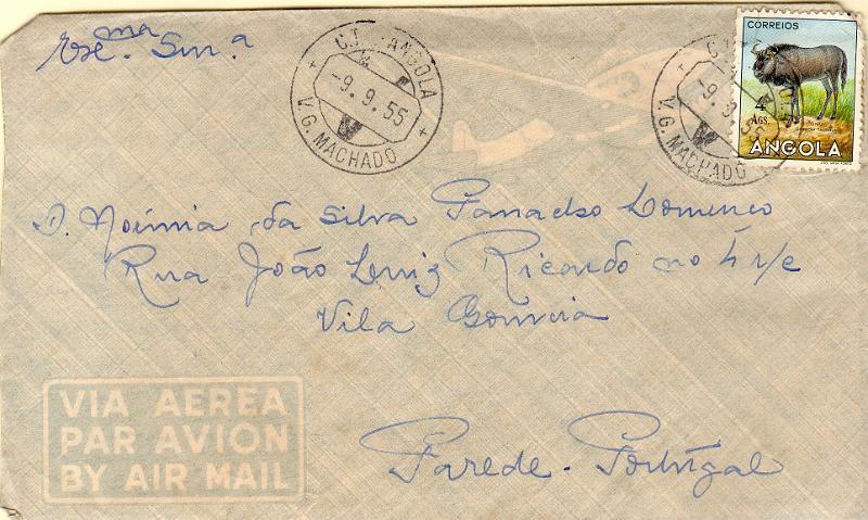 1871.jpg -     Lote:    1871                   Descrição:         Carimbos circulares datados * Vales. 1953 &mdash; Animais de Angola. CE368. 4 Ags em sobrescrito circulado de Vila General Machado (09.09.55) para Portugal. Carimbo batido a preto " V. G. MACHADO / V".        Carta       Valor Base:     &euro; 8,00     Valor Venda:     &euro;      