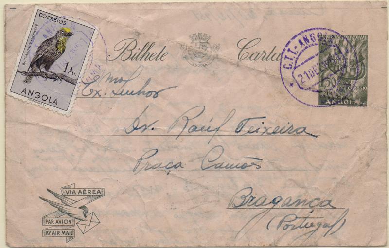 1875.jpg -     Lote:    1875                   Descrição:         Carimbos circulares datados. 1950 &mdash; Ano Santo. Aerogramas. OM1, 1,50 Ags. Circulado com selo adicional de 1Ag CE331 do Cuima (21.12.51). Carimbo batido a violeta "CUIMA".        IC       Valor Base:     &euro; 12,00     Valor Venda:     &euro;      