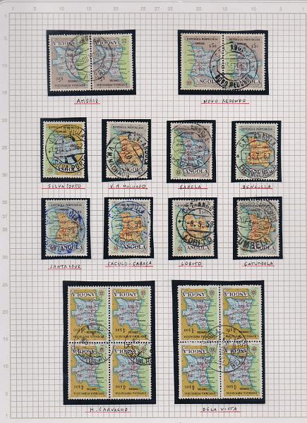 1877.jpg -     Lote:    1877                   Descrição:         Angola. Estudo de marcofilia montado em 5 folhas de exposição com dezenas de marcas sobre selos da emissão Carta Geográfica de Angola. Marcas geralmente bem batidas e algumas invulgares. Lote a ver.        Lote       Valor Base:     &euro; 25,00     Valor Venda:     &euro;      