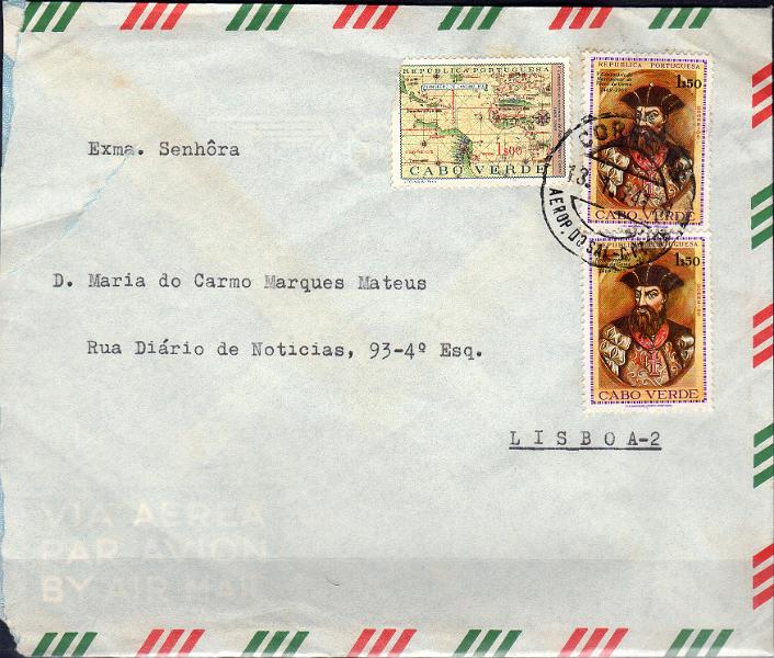 1882.jpg -     Lote:    1882                   Descrição:         Carimbo de duplo círculo datados. Sobrescrito circulado do Sal (13.01.74) para Lisboa, com selos CE340x2 e 327. Obliterados com carimbo batido a preto "CORREIO / AEROP. DO SAL &mdash; C. VERDE".        Carta       Valor Base:     &euro; 10,00     Valor Venda:     &euro;      