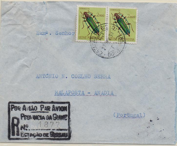 1886.jpg -     Lote:    1886                   Descrição:         Carimbos de registo. 1953 &mdash; Insectos da Guiné. Sobrescrito circulado registado de Bissau (27.02.54) com par de selos de 2$00 CE276. Carimbo batido a preto "R / POR AVIÃO PAR AVION / PROVINCIA DA GUINÉ / N.º 1877 / ESTAÇÃO DE BISSAU". MR.        Carta       Valor Base:     &euro; 25,00     Valor Venda:     &euro;      