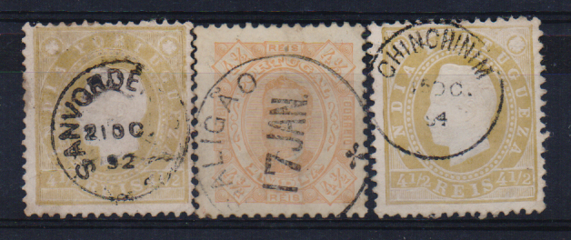 1889.jpg -     Lote:    1889                   Descrição:         Marcofilia diversa. Lote com três selos de D. Luís e D. Carlos I, obliterados com carimbos batidos a preto de "SANVORDEM C.A., SALIGÃO e CHINCHINIM.        O       Valor Base:     &euro; 15,00     Valor Venda:     &euro;      