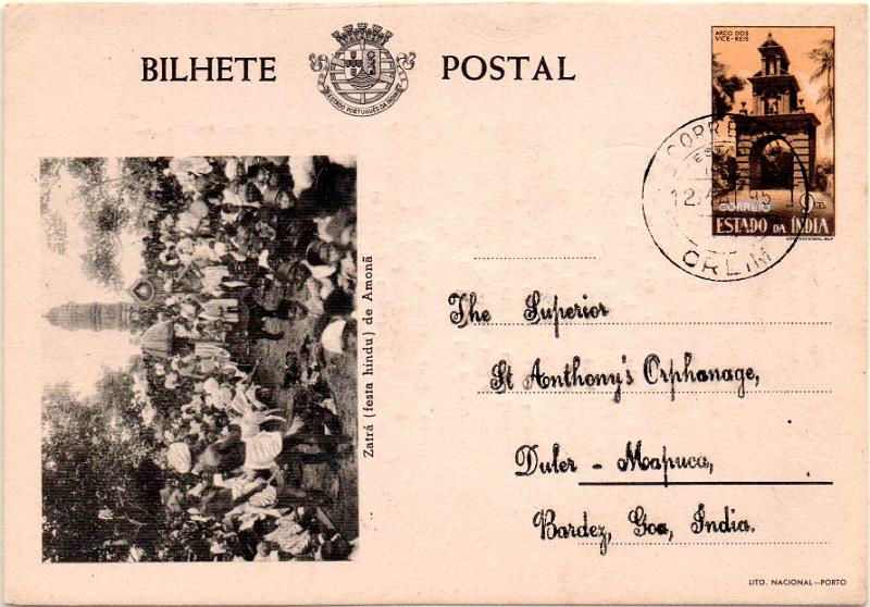 1891.jpg -     Lote:    1891                   Descrição:         Carimbos circulares datados. 1946 &mdash; Motivos históricos. OM41 (Zatra * Festa hindu), 9 reis, castanho-laranja. Gravura verde-negro e cartolina creme. Circulado de Orlim (12.05.51) para Mapuçá. Repicado. Carimbo batido a preto de "ORLIM".        IC       Valor Base:     &euro; 15,00     Valor Venda:     &euro;      