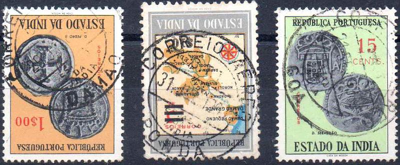 1892.jpg -     Lote:    1892                   Descrição:         Carimbos circulares datados do correio aéreo. 1959 &mdash; Carta Geográfica com sobretaxa + Moedas. Lote de 3 selos CE483, 507 e 513 obliterados respetivamente com carimbos do CORREIO AÉREO de "DAMÃO", "PONDÁ" e "GOA".        O       Valor Base:     &euro; 12,00     Valor Venda:     &euro;      