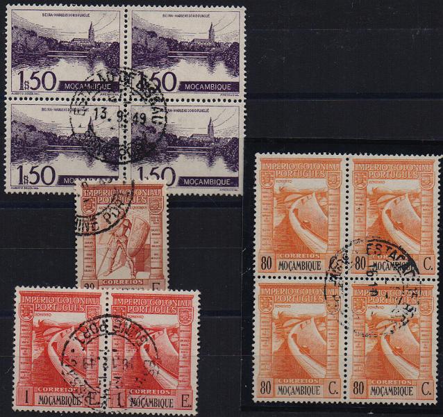 1903.jpg -     Lote:    1903                   Descrição:         Carimbos circulares datados. Lote composto por duas quadras CE300 e 334 + selo CE308 + par CE301. Todos obliterados com carimbo da "ESTAÇÃO DE BISSAU".        O       Valor Base:     &euro; 20,00     Valor Venda:     &euro;      