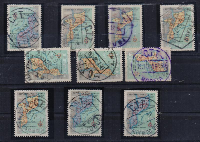 1904.jpg -     Lote:    1904                   Descrição:         Marcofilia diversa. Lote composto por 10 selos tipo Mapa de Moçambique, obliterados com carimbos diversos, incluindo ZOBUÉ, NAMACURRA, NABURI e ALDEIA DO GUIJÁ.        O       Valor Base:     &euro; 15,00     Valor Venda:     &euro;      