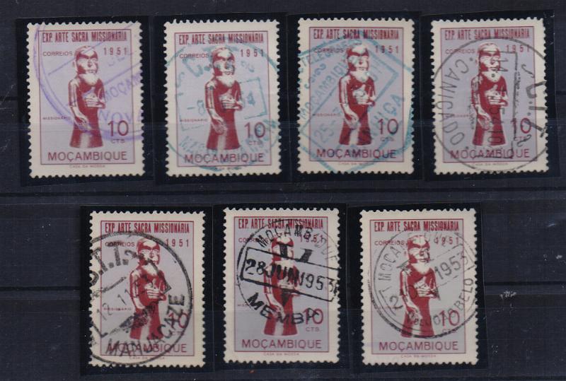 1905.jpg -     Lote:    1905                   Descrição:         Marcofilia diversa. Lote com 7 selos de 10c CE385, obliterados com diversos carimbos incluindo dois de vales postais de MEMBA e V.ª JOÃO BELO.        O       Valor Base:     &euro; 10,00     Valor Venda:     &euro;      