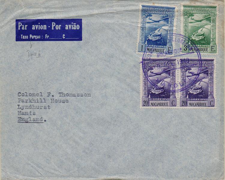 1908.jpg -     Lote:    1908                   Descrição:         Carimbos circulares. 1938 &mdash; Império Colonial Português * Correio Aéreo. Sobrescrito circulado de Maholela (10.02.40) para Inglaterra, com selos de 20c (par), 1E e 3E, CE CA2, 4 e 6. Carimbo batido a violeta "CORREIO E TELEGRAFOS / MOÇAMBIQUE / MAHOLELA". MB e R.        Carta       Valor Base:     &euro; 40,00     Valor Venda:     &euro;      