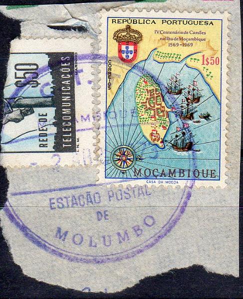 1916.jpg -     Lote:    1916                   Descrição:         Carimbos circulares de borracha. Fragmento com selo CE511 obliterado com carimbo batido a violeta "C. T. T. / MOÇAMBIQUE / ESTAÇÃO POSTAL DE MOLUMBO". Raro.        FRG       Valor Base:     &euro; 15,00     Valor Venda:     &euro;      