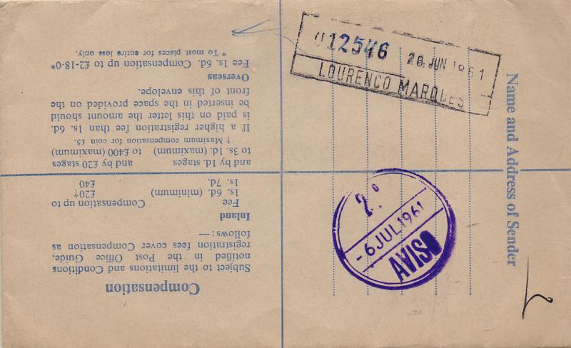 1917.jpg -     Lote:    1917                   Descrição:         Marcas administrativas. Inteiro postal (sobrescrito) inglês de 1/9, com 5 selos adicionais circulado registado por via aérea para Lourenço Marques (28.06.61). Carimbo circular batido a violeta "2.º AVISO / -6 JUL 1961". Raro.        IC       Valor Base:     &euro; 15,00     Valor Venda:     &euro;      