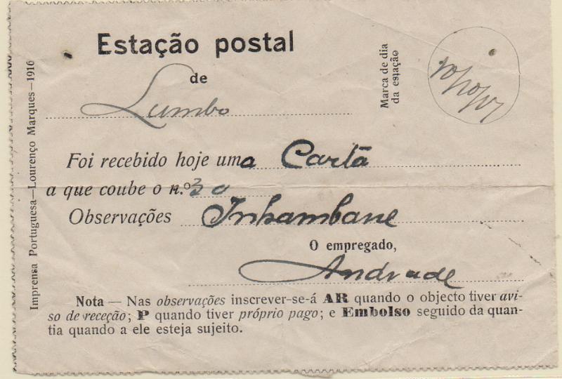 1918.jpg -     Lote:    1918                   Descrição:         Obliterações manuscritas. Recibo de registo de carta remetida do Lumbo (10.10.17) para Inhambane. Data manuscrita "10/10/17" na ausência de marca de dia.        DOC       Valor Base:     &euro; 15,00     Valor Venda:     &euro;      