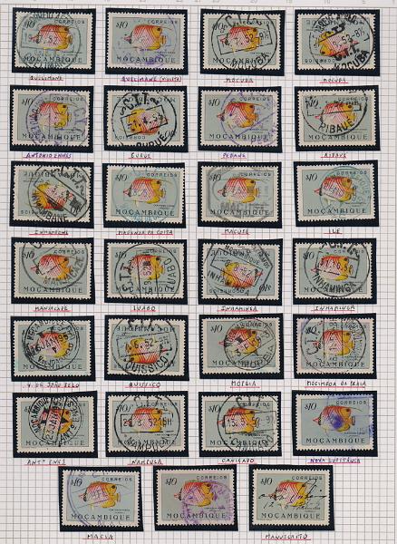 1919.jpg -     Lote:    1919                   Descrição:         Moçambique. Lote composto por 23 selos com carimbos obliterando selos de $10 da emissão Peixes de Moçambique. Marcas geralmente bem batidas. Inclui uma obliteração manuscrita. Lote a ver.        Lote       Valor Base:     &euro; 25,00     Valor Venda:     &euro;      