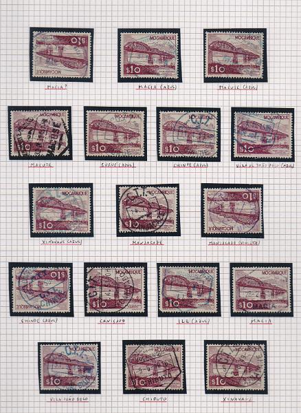 1921.jpg -     Lote:    1921                   Descrição:         Moçambique. Lote composto por 17 selos com carimbos obliterando selos de $10 da emissão Vistas de Moçambique. Marcas geralmente bem batidas. Lote a ver.        Lote       Valor Base:     &euro; 15,00     Valor Venda:     &euro;      