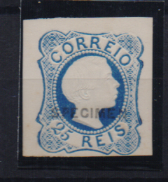 1947.jpg -     Lote:    1947                   Descrição:         Reimpressões de 1885. 1855/56 &mdash; D. pedro V. Cabelos lisos. CE6, 25 reis azul. Reimpressão com sobrecarga "SPECIMEN". Valor de catálogo &euro; 110,00.        *       Valor Base:     &euro; 12,00     Valor Venda:     &euro;      