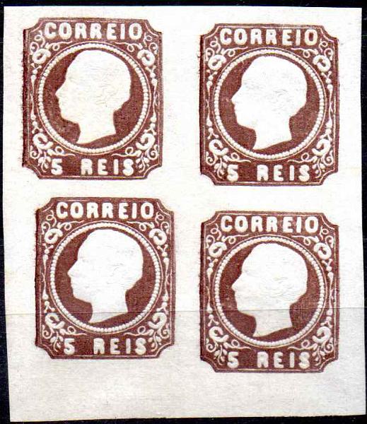 1949.jpg -     Lote:    1949                   Descrição:         Reimpressões de 1885. 1862/64 &mdash; D. Luís I. CE14, 5 reis castanho. Quadra, bordo de folha. Valor de catálogo &euro; 440,00.        R*       Valor Base:     &euro; 90,00     Valor Venda:     &euro;      