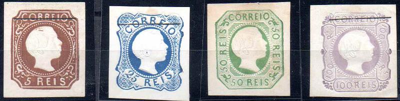 1950.jpg -     Lote:    1950                   Descrição:         Reimpressões de 1885. 1855/56 &mdash; D. Pedro V. Cabelos lisos. CE5/6, 8/9. Série completa. Selos de 5, 25 e 100 reis com traço preto horizontal de 18mm. Valor de catálogo &euro; 440,00.        R*       Valor Base:     &euro; 75,00     Valor Venda:     &euro;      
