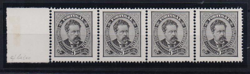 1955.jpg -     Lote:    1955                   Descrição:         Reimpressões de 1885. 1884/87 &mdash; D. Luís I. De frente. CE60, 5 reis preto, denteado 13 &frac12;. Tira horizontal de 4 reimpressões. Valor de catálogo &euro; 720,00        *       Valor Base:     &euro; 120,00     Valor Venda:     &euro;      