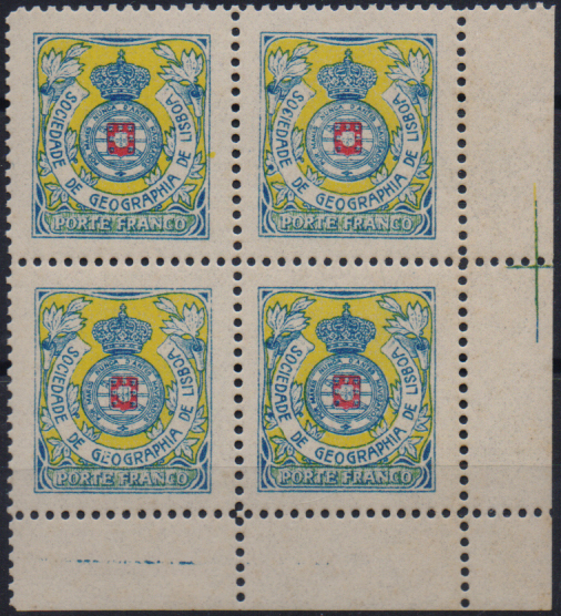 1959.jpg -     Lote:    1959                   Descrição:         Reimpressões de 1933. 1903 &mdash; Porte Franco. Sociedade de Geografia de Lisboa. Emblema da Sociedade, com coroa Real. CE SGL2. Quadra de reimpressões, canto de folha. Valor de catálogo &euro; 200,00.        R***       Valor Base:     &euro; 30,00     Valor Venda:     &euro;      