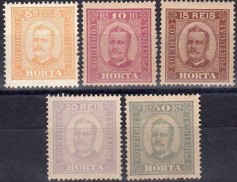 1967.jpg -     Lote:    1967                   Descrição:         Reimpressões de 1905 &mdash; 1892/93 &mdash; D. Carlos I tipo Diogo Neto. Lote com 5 reimpressões em denteado 13 &frac12;, dos valores de 5 (pontos de óxido no verso), 10, 15, 20 e 50 reis, Valor de catálogo &euro; 225,00        R***       Valor Base:     &euro; 40,00     Valor Venda:     &euro;      