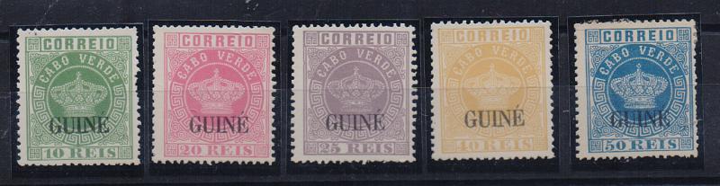 1971.jpg -     Lote:    1971                   Descrição:         Reimpressões de 1885 * 1885 &mdash; Tipo Coroa. Selos de Cabo Verde, com sobrecarga GUINÉ grande. CE19/23. Série completa. Valor de catálogo &euro; 100,00.        R*       Valor Base:     &euro; 50,00     Valor Venda:     &euro;      