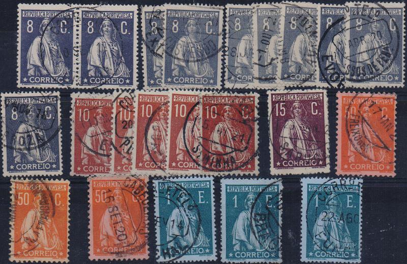 2007.jpg -     Lote:    2007                   Descrição:         Portugal. 1912 &mdash; Ceres. CE206/220. Lote composto por dezenas de selos de todas as taxa com exceção do 20c e 30c. Todos usados, com variedades de denteados e tonalidades. Alguma marcofilia. Lote a ver.        Lote       Valor Base:     &euro; 50,00     Valor Venda:     &euro;      