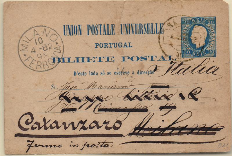 2102.jpg -     Lote:    2102      Lotes pelo Correio              Descrição:         1879 &mdash; D. Luís I. Fita direita. Impressão em relevo. OM4, 20 reis azul. Circulado de Gaia (04.04.81) para Milão e reexpedido para Catanzaro. Inteiro com defeitos.        IC       Valor Base:     &euro; 10,00     Valor Venda:     &euro;      