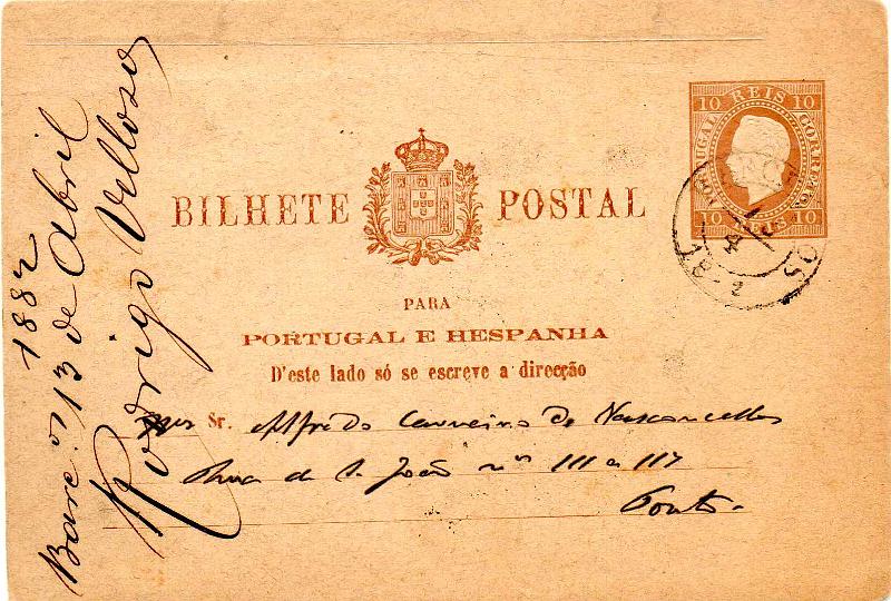 2103.jpg -     Lote:    2103      Lotes pelo Correio              Descrição:         1880/81 &mdash; D. Luís I, fita direita. Impressão em relevo. OM7, 10 reis. Circulado de Barcelos (13.04.82) para o Porto. No verso carimbo dupla oval batido a preto "R. A. DE VALENÇA &mdash; PORTO".        IC       Valor Base:     &euro; 6,00     Valor Venda:     &euro;      