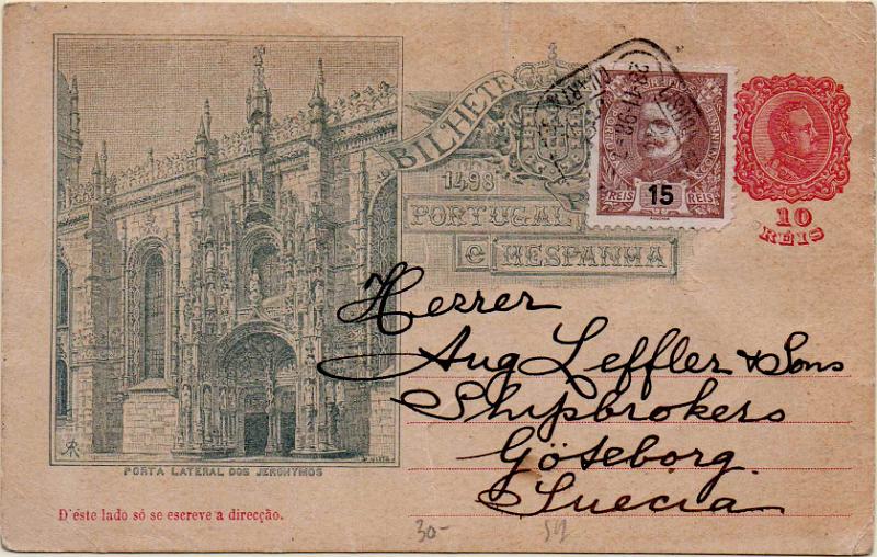 2109.jpg -     Lote:    2109      Lotes pelo Correio              Descrição:         1898- 4.º Centenário do Descobrimento do Caminho Marítimo para a Índia. OM29C, 10 reis rosa carmim. Circulado com selo adicional de 15 reis castanho D. Carlos I Mouchon CE129 de Lisboa (28.11.98) para a Suécia.        IC       Valor Base:     &euro; 10,00     Valor Venda:     &euro;      