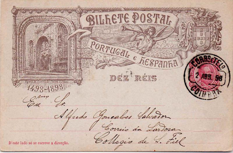 2110.jpg -     Lote:    2110      Lotes pelo Correio              Descrição:         1898 &mdash; 4.º Centenário do Descobrimento do Caminho Marítimo para a Índia. OM29F, 10 reis. Circulado de Coimbra (02.04.98) para S. Fiel. Segundo dia de circulação destes inteiros.        IC       Valor Base:     &euro; 15,00     Valor Venda:     &euro;      