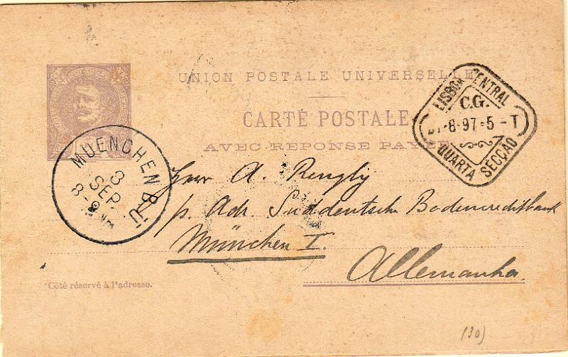 2112.jpg -     Lote:    2112      Lotes pelo Correio              Descrição:         1905 &mdash; D. Carlos I Mouchon. OM40, 20+20 reis castanho-violeta. As duas folhas circuladas de Lisboa (31.08.97) para a Alemanha (08.09.97).        IC       Valor Base:     &euro; 5,00     Valor Venda:     &euro;      