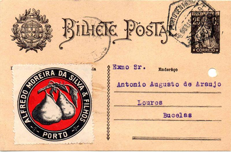 2118.jpg -     Lote:    2118      Lotes pelo Correio              Descrição:         1924/26 &mdash; Ceres. OM074, 25c. Circulado do porto (08.10.28) para Bucelas, com vinheta da firma Alfredo Moreira da Silva & Filhos. Furos de arquivo.        IC       Valor Base:     &euro; 8,00     Valor Venda:     &euro;      