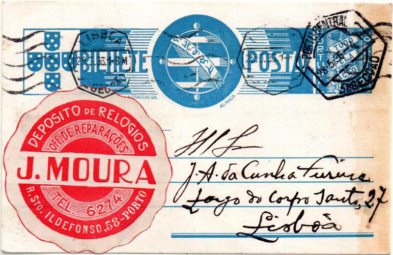 2119.jpg -     Lote:    2119      Lotes pelo Correio              Descrição:         1935 &mdash; Tudo pela Nação. OM81, $25, azul. Circulado do Porto (28.05.36) para Lisboa, com vinheta da firma J. Moura.        IC       Valor Base:     &euro; 8,00     Valor Venda:     &euro;      