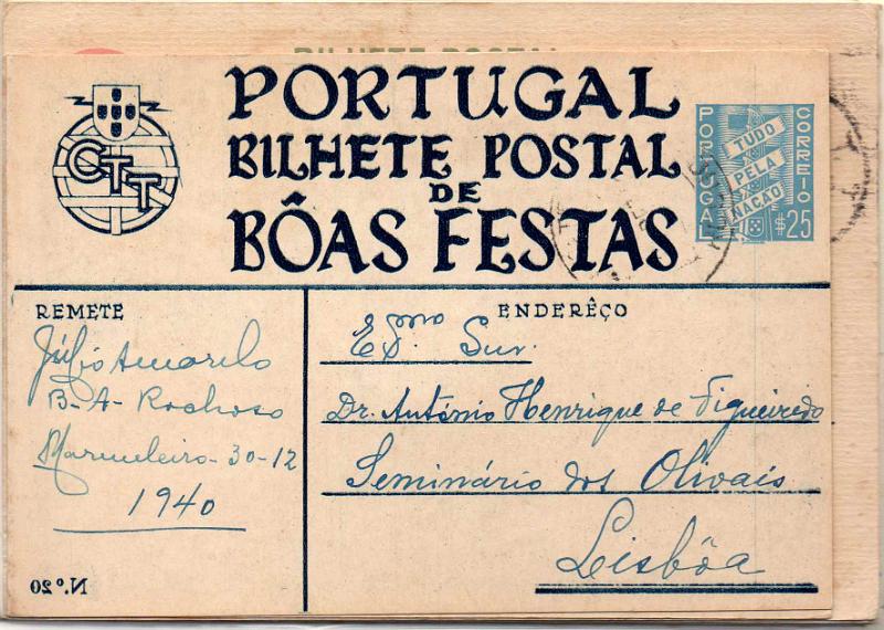 2128.jpg -     Lote:    2128      Lotes pelo Correio              Descrição:         1939/45 &mdash; Boas Festas. Lote com 3 inteiros postais: OM89 (n.º 20), OM109 (n.º 132 e 140) + 3 inteiros postais com furos de arquivo, todos circulados. Lote a ver.         Lote       Valor Base:     &euro; 7,00     Valor Venda:     &euro;      