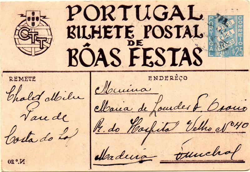 2130.jpg -     Lote:    2130      Lotes pelo Correio              Descrição:         1939 &mdash; Boas Festas. Selo Tudo pela Nação. OM89, $25, n.º 20A (violeta) &mdash; A Virgem. O Menino e Anjos. Número "20" invertido. Circulado de Lisboa (20.12.41) para o Funchal.        IC       Valor Base:     &euro; 10,00     Valor Venda:     &euro;      