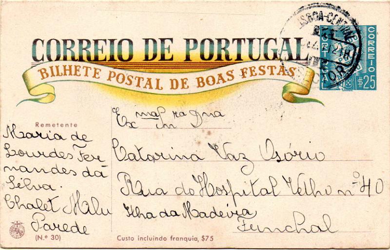 2131.jpg -     Lote:    2131      Lotes pelo Correio              Descrição:         1940 &mdash; Boas Festas. Selo Tudo pela Nação. OM90, $25, n.º 30 &mdash; Nuno Alvares, na hora de valverde. Circulado de Lisboa para o Funchal (25.12.41).        IC       Valor Base:     &euro; 8,00     Valor Venda:     &euro;      