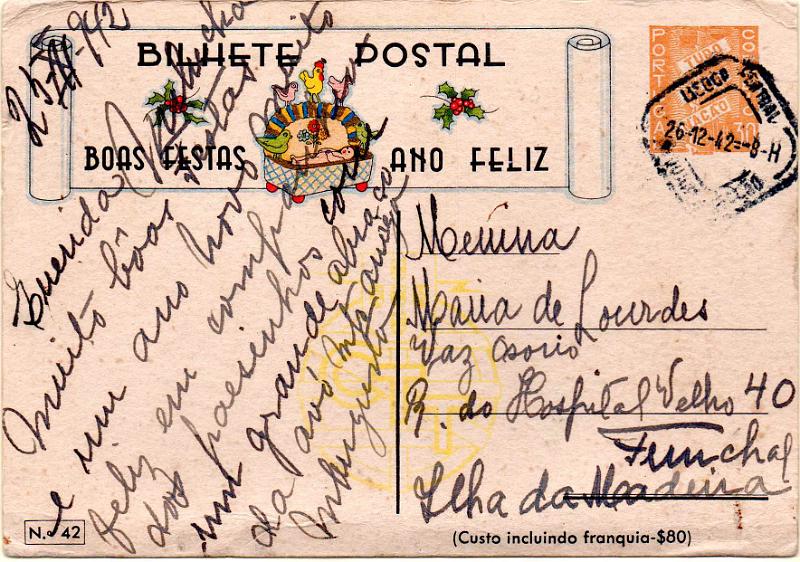 2137.jpg -     Lote:    2137      Lotes pelo Correio              Descrição:         1942 &mdash; Boas Festas. Selo Tudo pela Nação. OM96, $30, n.º 42 &mdash; Preparação do Presépio. Circulado de Lisboa (26.12.42) para o Funchal.        IC       Valor Base:     &euro; 6,00     Valor Venda:     &euro;      