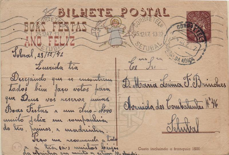 2141.jpg -     Lote:    2141      Lotes pelo Correio              Descrição:         1944 &mdash; Boas Festas. Selo tipo Caravela. OM103, $30 castanho, n.º 71 &mdash; Minhota e crianças olhando o presépio. Circulado de Sobral da Adiça (24.12.47) para Setúbal.        IC       Valor Base:     &euro; 8,00     Valor Venda:     &euro;      