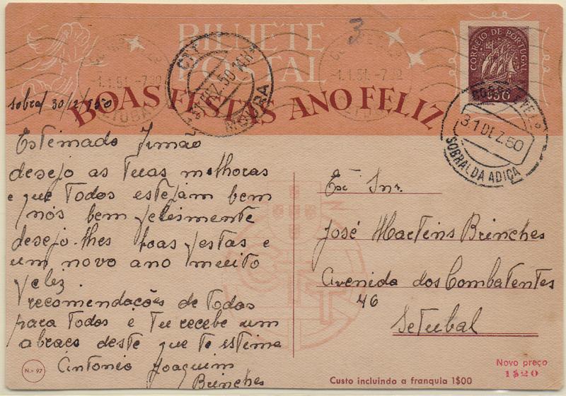 2143.jpg -     Lote:    2143      Lotes pelo Correio              Descrição:         1945 &mdash; Boas Festas. Selo tipo Caravela. OM105, $30 castanho, n.º 97 &mdash; Reis Magos. Circulado de Sobral da Adiça (31.12.50) para Setúbal.        IC       Valor Base:     &euro; 8,00     Valor Venda:     &euro;      
