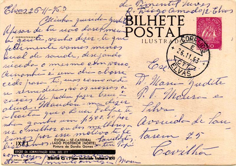 2153.jpg -     Lote:    2153      Lotes pelo Correio              Descrição:         1953 &mdash; Série G * ÉVORA. Selo tipo Caravela. OM124, $50 lilás-rosa, IX M1 &mdash; Sé-Catedral / Lado Posterior (Norte). Circulado da Elvas (26.11.63) para a Covilhã.        IC       Valor Base:     &euro; 6,00     Valor Venda:     &euro;      