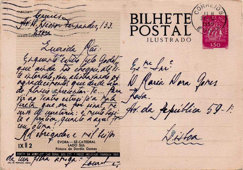 2154.jpg -     Lote:    2154      Lotes pelo Correio              Descrição:         1953 &mdash; Série G * ÉVORA. Selo tipo Caravela. OM124, $50 lilás-rosa, IX M2 &mdash; Sé-Catedral / Lado Sul. Circulado da Évora (27.05.59) para Lisboa.        IC       Valor Base:     &euro; 6,00     Valor Venda:     &euro;      