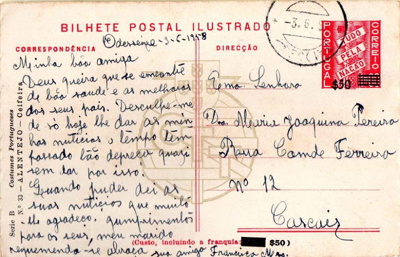 2157.jpg -     Lote:    2157      Lotes pelo Correio              Descrição:         1953 &mdash; Tudo pela Nação, com sobretaxa e sobrecarga. Série B. Costumes Portugueses. OM127, $50 s/ 1$00 carmim. N.º 33 &mdash; Alentejo * Ceifeira. Circulado de Odemira (03.06.58) para Cascais.        IC       Valor Base:     &euro; 12,00     Valor Venda:     &euro;      