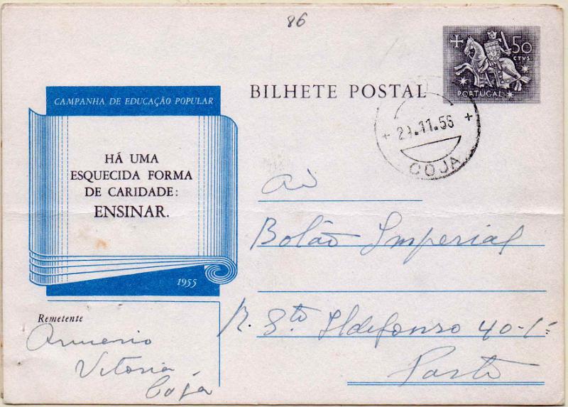 2160.jpg -     Lote:    2160      Lotes pelo Correio              Descrição:         1955/56 &mdash; Campanha de Educação Popular. Selo Cavaleiro Medieval. OM131, 50c preto e cinzento. Lote de dois inteiros circulados tipo D e F.        IC       Valor Base:     &euro; 4,00     Valor Venda:     &euro;      
