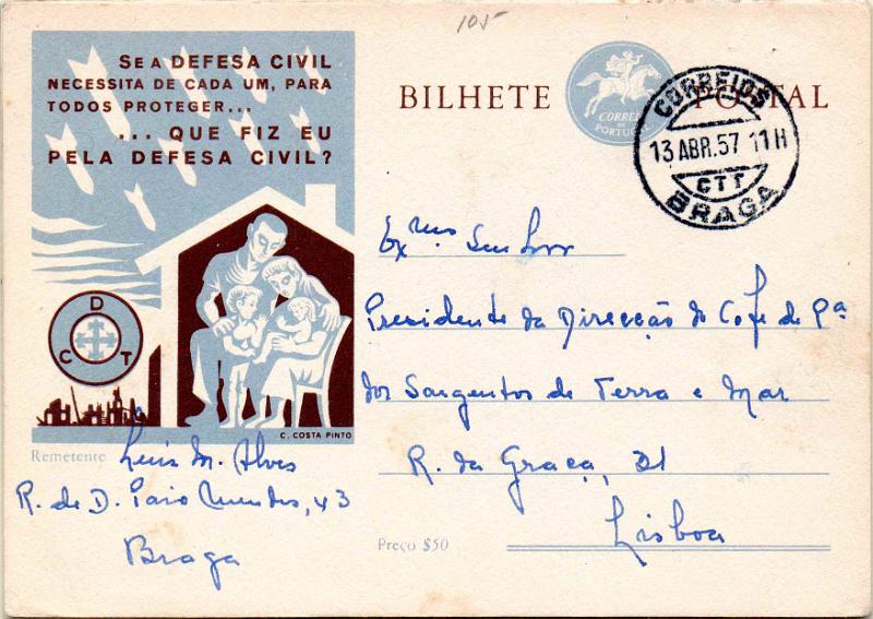 2161.jpg -     Lote:    2161      Lotes pelo Correio              Descrição:         1956/57 &mdash; Defesa Civil Territorial. Postilhão sem taxa. OM134 ($50). Lote de 5 inteiros circulados tipo A (azul violeta e salmão), B (verde e azul) e C (sépia).        IC       Valor Base:     &euro; 8,00     Valor Venda:     &euro;      