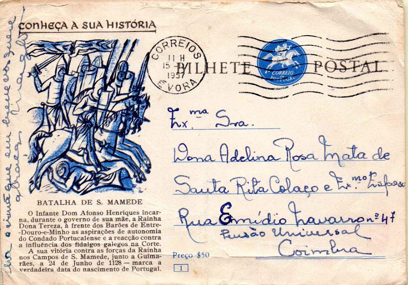 2162.jpg -     Lote:    2162      Lotes pelo Correio              Descrição:         1956 &mdash; 1,ª Série "Conheça a sua História. Emblema dos CTT. OM135. ($50) com gravura a azul e preto. Lote de 5 inteiros circulados n.ºs 1, 14, 21, 25 e 32.         IC       Valor Base:     &euro; 8,00     Valor Venda:     &euro;      